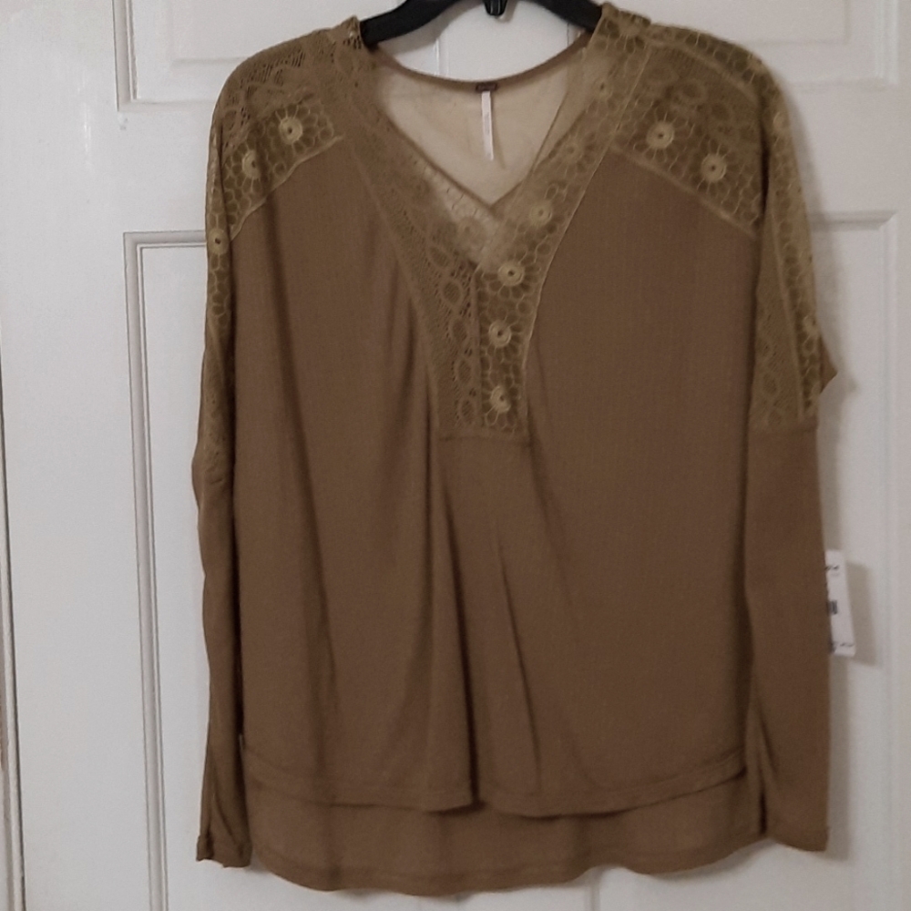 Free People Brown Lace V-Neck Blouse